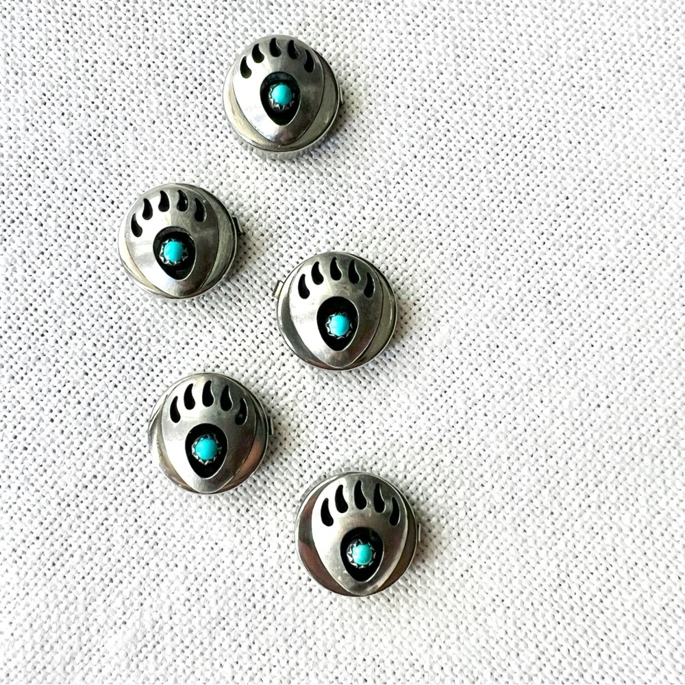 VINTAGE Set of 5 Turquoise & Sterling Silver Southwestern Bear Paw Button Covers